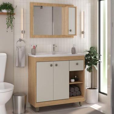 Imagem de Armário de Banheiro Viena 77 Cm 3 Portas 1 Gaveta com Espelho Carvalho