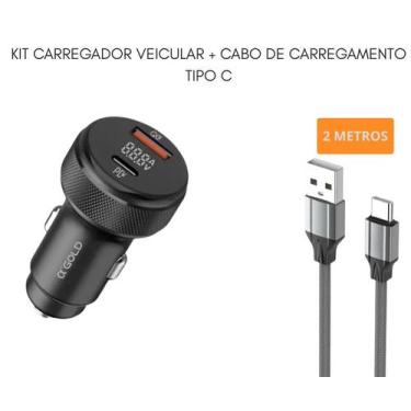 Imagem de Kit Carregador Veicular Turbo 60w cabo Turbo 2 metros Celular Tablet -