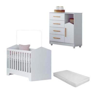 Imagem de Kit Quarto Bebê Moderno Berço Cômoda MDF E Colchão D18 Versátil Resist