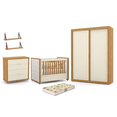 Imagem de Dormitório Tutto 2 Portas, Cômoda, Berço com Capitonê, Colchão Supreme e Prateleiras - Matic Móveis Off White/Freijó