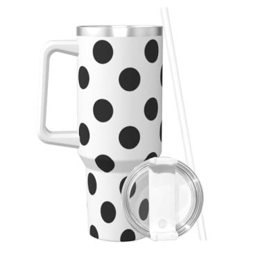 Imagem de PTONUIC Copo de bolinhas preto e branco 1,134 g com alça e tampa de canudo | Copo isolado reutilizável de aço inoxidável garrafa de água caneca de viagem compatível com porta-copos | Presentes para
