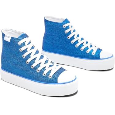 Imagem de ALTOCIS Tênis moderno com plataforma com glitter, tênis feminino brilhante, cano alto, plataforma confortável, Glitter azul royal, 40