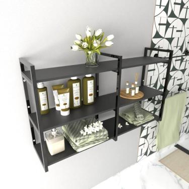 Imagem de Prateleira Industrial Banheiro Organizador Nicho Mdf Ferro Estante Preto Preta Madeira