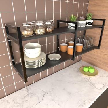 Imagem de Prateleira Industrial Nichos Cozinha Preto Suporte Industrial Suspensa Ferro Madeirasimples