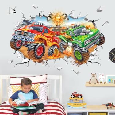 Imagem de wondever Adesivos de parede de carro de corrida 3D grandes veículos caminhão quebra e cole decalques de arte de parede para quarto de meninos e crianças sala de jogos