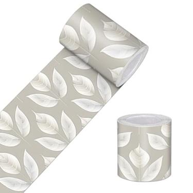 Imagem de HOMETITUTE Borda de papel de parede 10 x 496 cm descasque e cole borda de parede de PVC borda de papel de parede com padrão de folha bege para espelho moldura de papel decoração de parede banheiro