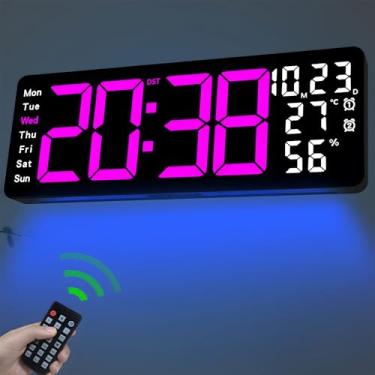Imagem de JoFomp Relógio De Parede Digital Grande 17,3", Com Visor Led E Controle Remoto, Alarme, Temperatura/Horário/Dimmer/Umidade/Temporizador/Luz Ambiente - 12/24 Horas, Para Quarto