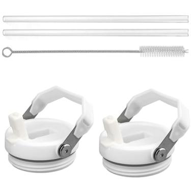 Imagem de Pacote com 2 tampas de copo de substituição compatíveis com Stanley IceFlow 590 ml (apenas tampa de canudo), 2 canudos reutilizáveis, 1 escova de limpeza (branca)