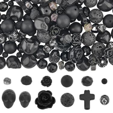 Imagem de SUNNYCLUE Kit de contas de crânio, 292 peças, contas de cruz gótica, crânio, Halloween, turquesa, pedra preta, pedra vulcânica natural, espaçadores de vidro facetado para fazer joias, pulseiras