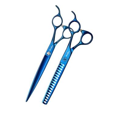 Imagem de SnipStar Professional Pet Tesouras Azul Conjunto VG10 Aço 7,5 polegadas reta e 7 polegadas Chunker tesouras 18 dentes, taxa de diluição 45%