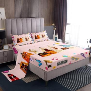 Imagem de jejeloiu Jogo de cama casal com música rosa, para meninos, meninas, mulheres, violão, bola de discoteca, decoração de quarto, 1 lençol com elástico + 2 fronhas + 1 lençol de cima