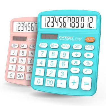Imagem de CATIGA Calculadora de mesa (pacote com 2) 12 dígitos com visor LCD grande e botão sensível, energia dupla solar e bateria, função padrão para escritório, casa, escola, CD-2786 (azul claro/rosa claro)
