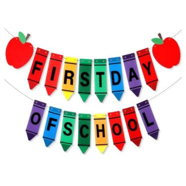 Imagem de Mindsoft Faixa do primeiro dia de escola para decoração de guirlanda de volta com guirlanda escolar, lápis de giz, faixas de feltro para decorações de sala de aula, suprimentos de festa (Giz de cera)