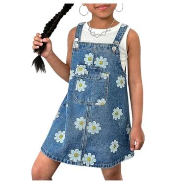 Imagem de MakeMeChic Girl's Denim Overalls Dress Floral Square Neck Sleeveless Summer Jean Pinafore Dress Blue 5Y