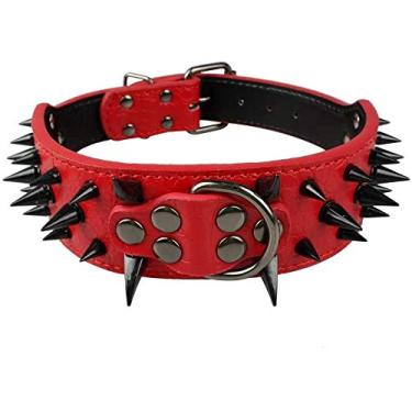 Imagem de Izefia Coleira para cães preta afiada cravejada luxuosa coleira de couro acolchoada para cães médios e grandes – 5 cm de largura colar antimordida (G, vermelho)