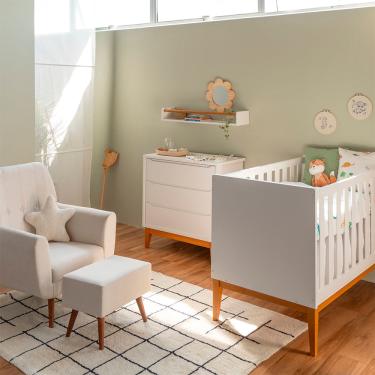 Imagem de Kit Quarto Theo com Pés Square Mel - Berço Mini Cama + Cômoda 3 Gavetas + Poltrona de Amamentação Lola com Puff - Branco