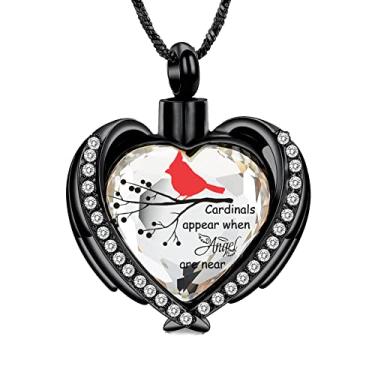 Imagem de Yinplsmemory Colar de urna cardeal vermelha de cinzas para mulheres e homens, pingente de urna de coração de cristal com asa de anjo para lembranças de cinzas, joia de cremação memorial, Aço