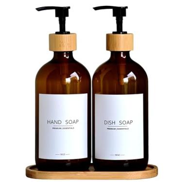 Imagem de Conjunto de dispensador de sabão de vidro luxuoso – 2 garrafas recarregáveis de 500 ml, bomba e bandeja de bambu para casa de fazenda e decoração moderna, 9 etiquetas à prova d'água para cozinha