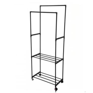 Imagem de Arara De Roupa Dupla em Aço Inox Cabideiro Sapateira Com Prateleiras Multiuso(2 Camadas)