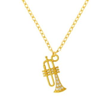 Imagem de Sportybella Colar de trompete, pingente de aço inoxidável dourado com corrente, detalhe de cristal, joia musical leve presente para amantes de jazz, membros de banda, acessórios de recitais, músicos