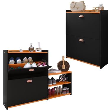 Imagem de Kit Sapateira Milano Closet Prateleira Organizadora Calçados Banquinho Hall Entrada Gaveta Basculante Preto/Cinamomo - Lojas RPM