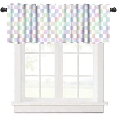 Imagem de Cortina de saia xadrez hippie arco-íris, anos 60, 70, rústico, abstrato, geométrico, groovy, bolso para varão, tratamento de janela curta, para crianças, meninos, meninas, quarto, sala de estar, café