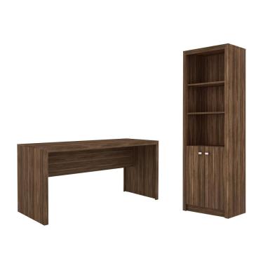 Imagem de Escritório com Mesa para Computador Simples Gavetas e Armário c/ Prateleiras 2 portas Nogal - FdECOR