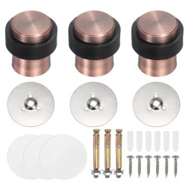 Imagem de PATIKIL 3 conjuntos de batentes de porta redondos, 46 mm batente de porta de aço inoxidável cunha cilindro de metal autoadesivo com parafuso para parte inferior do piso da porta interna, tom cobre