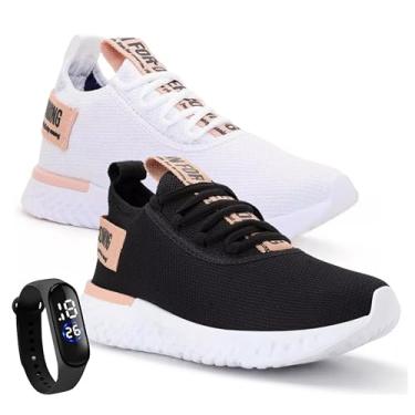 Imagem de Kit 2 Tênis Feminino De Caminhada Macio Para Academia Leve Conforto + Relógio (Preto+Branco, BR, Adulto, Numérico, P, 36)