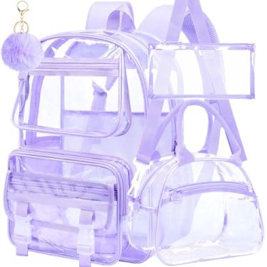 Imagem de KLFVB Mochila transparente resistente, 3 peças para meninas, conjunto de mochila escolar transparente fofa para mulheres - roxa