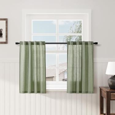 Imagem de Cortinas de linho para café Light Sage Cortinas de cozinha de linho 61 cm de comprimento 2 painéis cortina de camada curta com filtro de luz semitransparente com bolso traseiro para varão, para