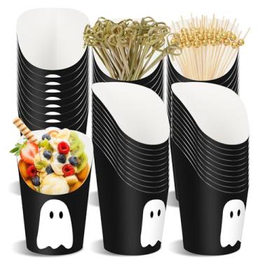 Imagem de JarThenaAMCS 50 peças de copos de charcutaria de Halloween com 100 palitos preto branco fantasma descartáveis para aperitivo 396.9 g Fench Fry Holder para doces ou travessuras, lanches, sobremesas