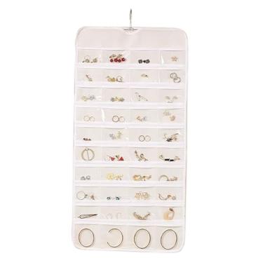 Imagem de Bolsa de armazenamento de joias para guarda-roupa, 35,7 x 82,7 polegadas, 80 bolsos, cabides de pendurar de pano branco, grades transparentes para organizadores de colar (branco)