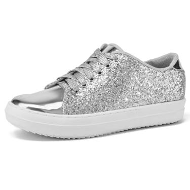 Imagem de UBWDU Tênis feminino brilhante com strass e lantejoulas brilhantes - Mocassins rasos casuais brilhantes para fashionistas, Prata, 6.5