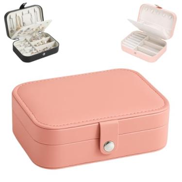 Imagem de Porta Joias Organizadora Bijuterias Portátil para Viagem Caixa Maleta Estojo Organização Aneis Prata Ouro Acessórios Brincos com Botão Couro PU com Divisórias (Rosa)