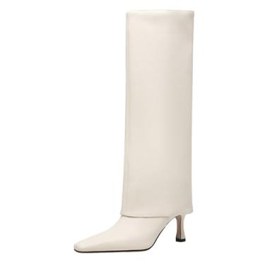 Imagem de Goolita Botas femininas de cano alto com salto stiletto, botas de equitação de couro e panturrilha largas, Branco, 9