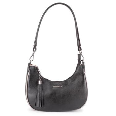 Imagem de Bolsa Baguete de Couro Feminina Lorena, Caramelo, 26 x 45 cm, Alça de Ombro, 5 Compartimentos (PRETO-VIVO PRATA)