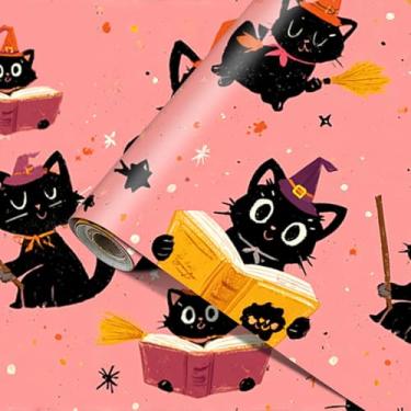 Imagem de HOMETITUTE Papel de parede removível de gato preto Halloween 39,9 cm x 100,1 cm vinil chapéu de bruxa autoadesivo papel de contato decalque de parede para quarto de crianças decoração de festa