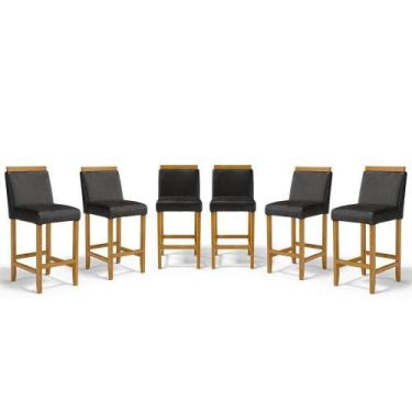 Imagem de Kit Com 6 Banquetas Eloá Madeira Maciça Assento Estofado Para Bancada 