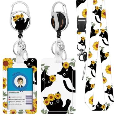Imagem de Cordões de gato preto de girassol para crachás de identificação, suporte de crachá de identificação fofo com etiqueta de nome de girassol, clipe de carretel retrátil, chaveiro resistente para presente