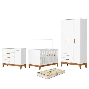 Imagem de Dormitório Infantil Flip Guarda Roupa 3 Portas, Cômoda 1 Porta e Berço com Colchão Supreme - Reller Móveis