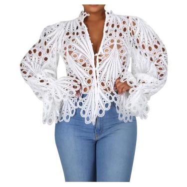 Imagem de N-C2301-Blusa Renda Branca Laise Lese Manga Longa Festa Natal Réveillo
