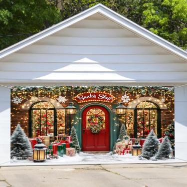 Imagem de Decoração de Natal para porta de garagem de brinquedo de Natal 40,6 x 1,8 m, caixa de presente para festa infantil, faixa de aniversário, janela de madeira vermelha, neve, fundo fotográfico