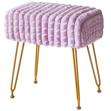 Imagem de IBUYKE Banqueta retangular para apoio para os pés, mesa lateral para maquiagem, assento de penteadeira de veludo, cadeira de apoio para os pés, pernas de aço dourado, para sala de maquiagem, quarto