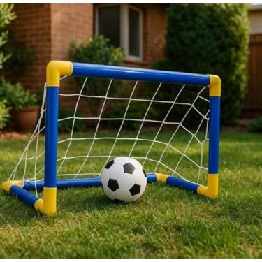 Imagem de Mini Gol Infantil de Futebol, Trave Desmontável com Rede, Bola e Bomba, Azul e Amarelo, para Diversão ao Ar Livre