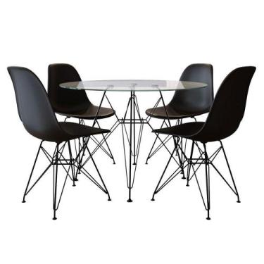 Imagem de Conjunto Mesa Jantar 90Cm Redonda Vidro Com 4 Cadeiras Pretas Base Fer