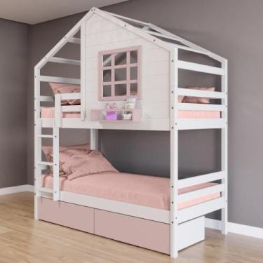 Imagem de Beliche Casinha Com Janela E Gavetas Rosa Madeira Maciça Branco/ Rosa 