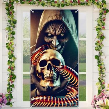Imagem de BlissYard Banner de porta de Halloween da floresta assombrada, 89 x 189 cm, esqueleto, nó de terror, decoração para porta frontal com neblina, crânio, árvores e lua, para uso ao ar livre, faixa