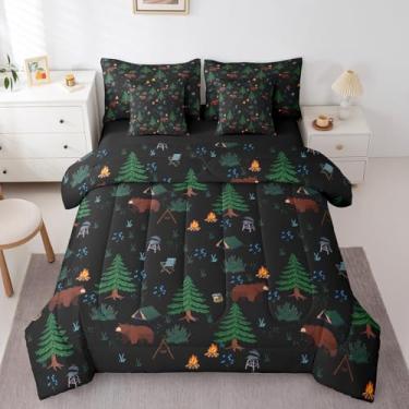 Imagem de Erosebridal Jogo de cama de solteiro com urso de caça, 7 peças, para crianças, acampamento feliz, edredom de plumas, floresta de pinheiro, decoração de quarto de animais selvagens, preto