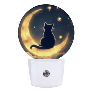 Imagem de GANTINIR Luz noturna de gato lua, céu estrelado, luzes noturnas, lâmpada de LED, plugue redondo na parede, luz noturna com sensor do crepúsculo ao amanhecer para casa, corredor, escada, decoração de